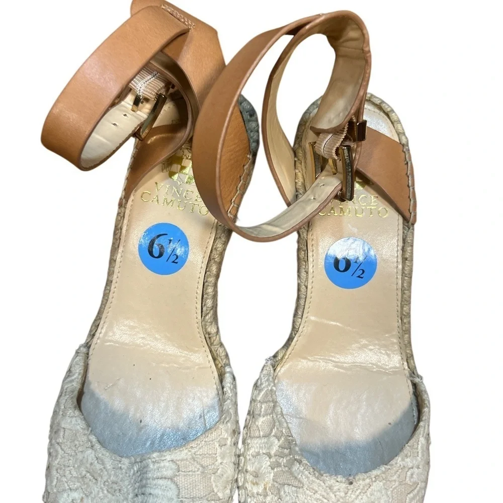 Vince Camuto Lace Espadrille Wedge Sandals Tan Beige 6.5 Ankle Strap New No Box